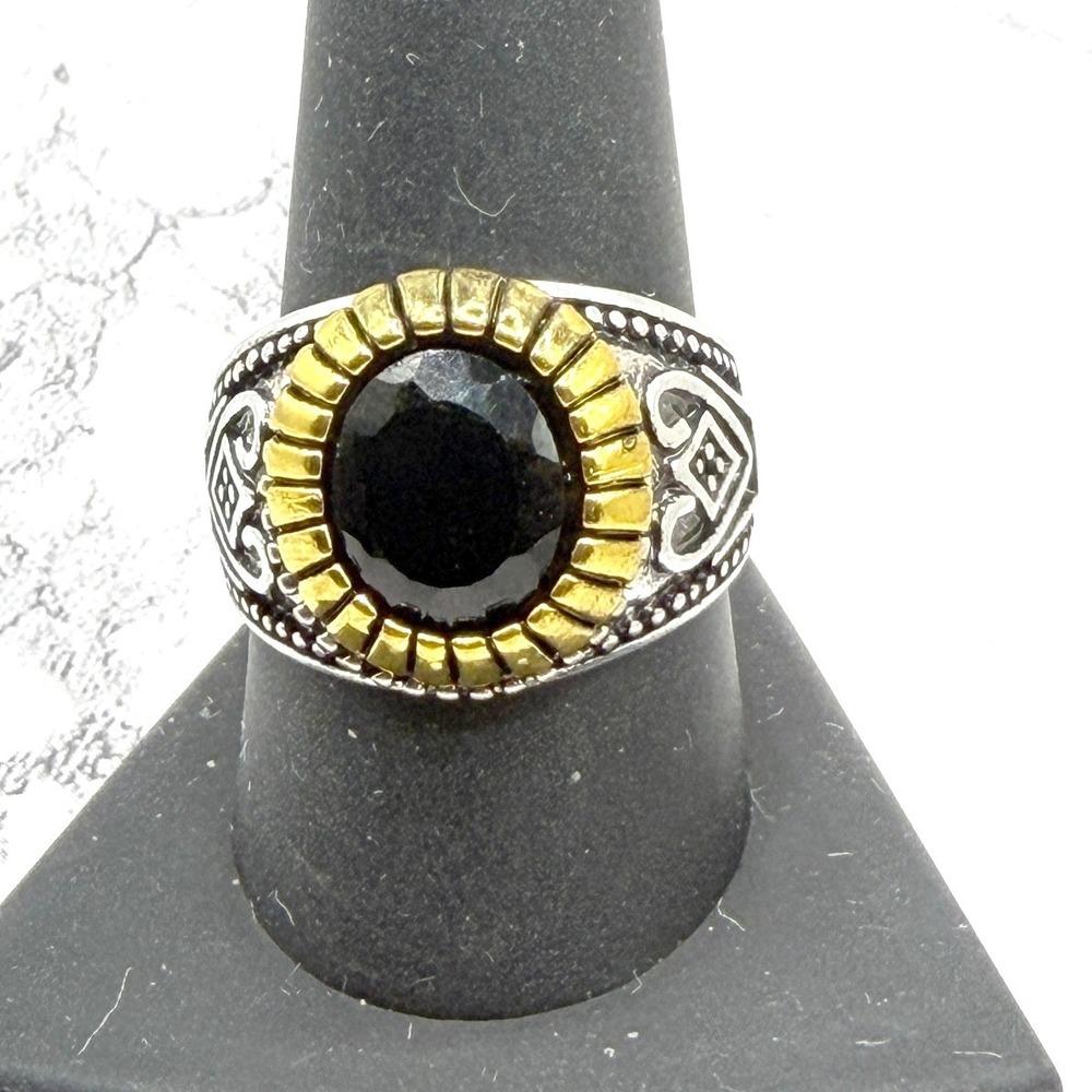 Unisex Black Stone Statement Ring Silver Gold Tone‎ Multiple Sizes